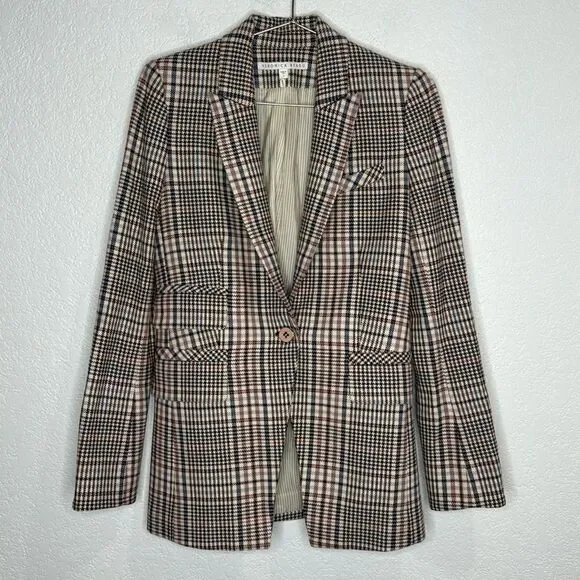 New Veronica Beard FULLER CHECK SINGLE-BUTTON DICKEY JACKET Cream Blue/ Rose Sz2